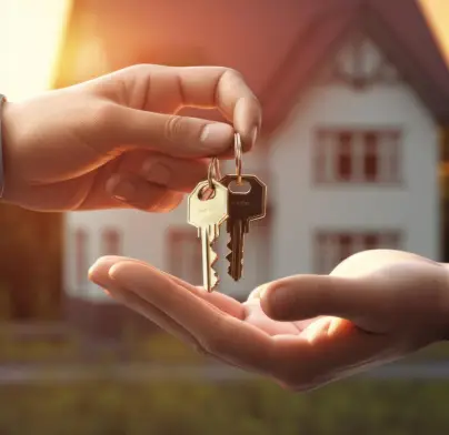 Remise de clés entre deux personnes devant une maison, symbolisant la concrétisation d’un projet d’achat immobilier.