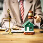 Balance de la justice, maison miniature et marteau de juge sur une table, représentant les règles légales en immobilier au Québec.