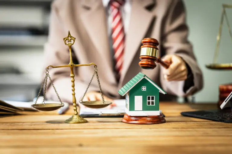 Balance de la justice, maison miniature et marteau de juge sur une table, représentant les règles légales en immobilier au Québec.