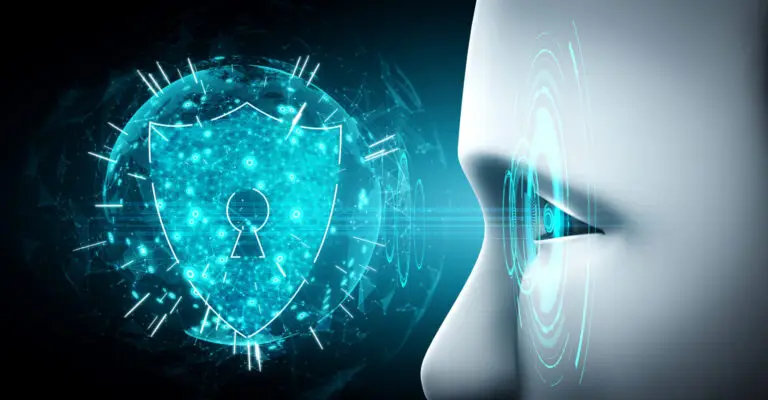 « Interface d’intelligence artificielle protégée par un bouclier numérique symbolisant la conformité réglementaire »