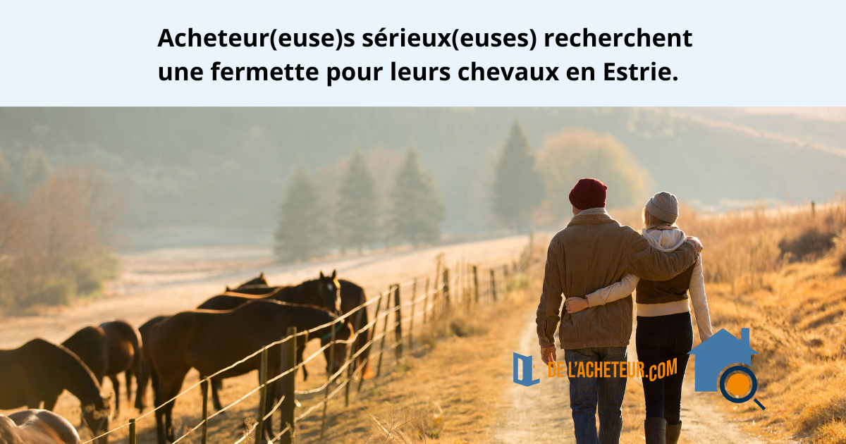 Acheteur(euse)s sérieux(euses) recherchent une propriété avec écurie en Estrie, projet d’achat encadré sous Contrat de courtage achat (C.C.A.).