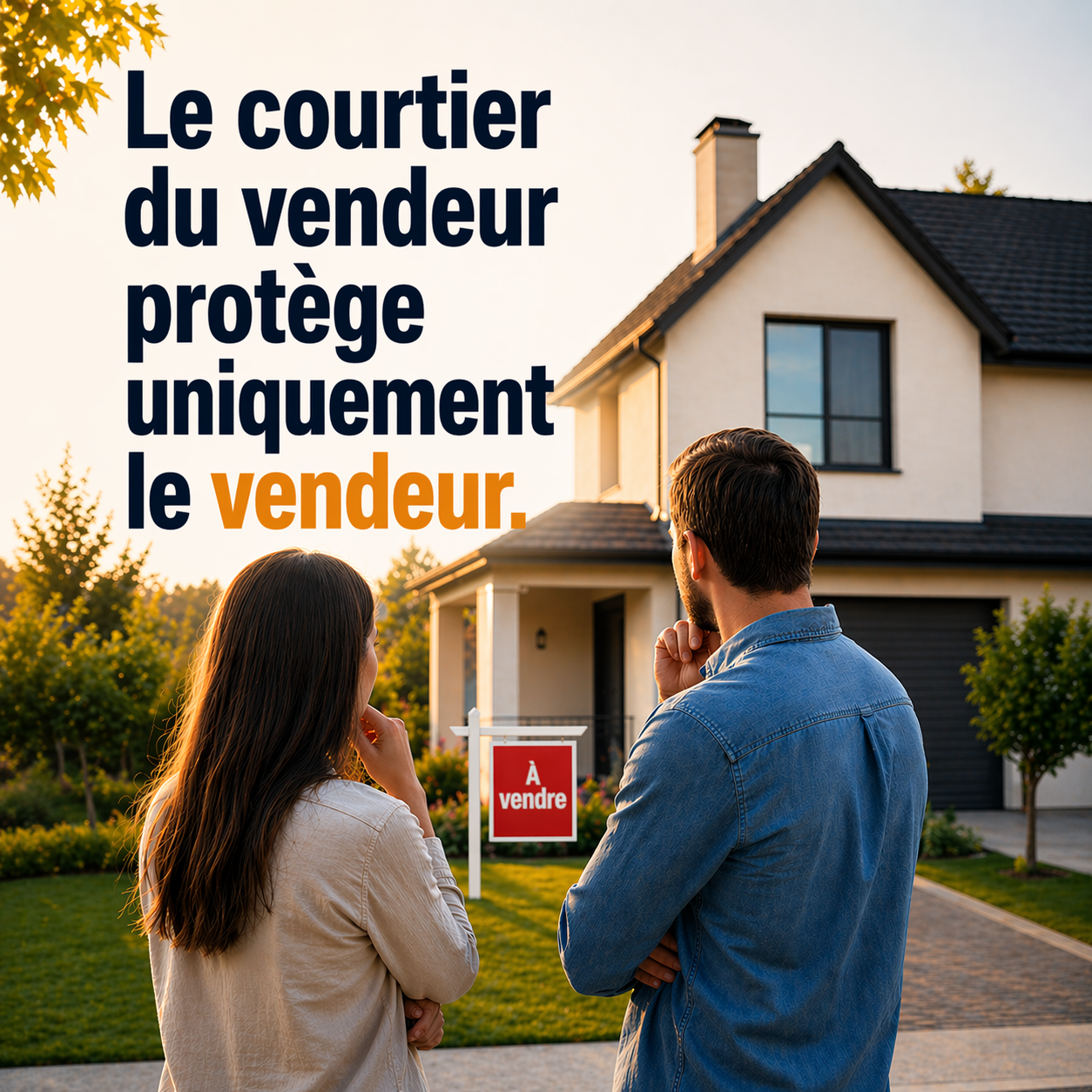 Couple devant une maison à vendre avec un message indiquant que le courtier du vendeur protège uniquement le vendeur