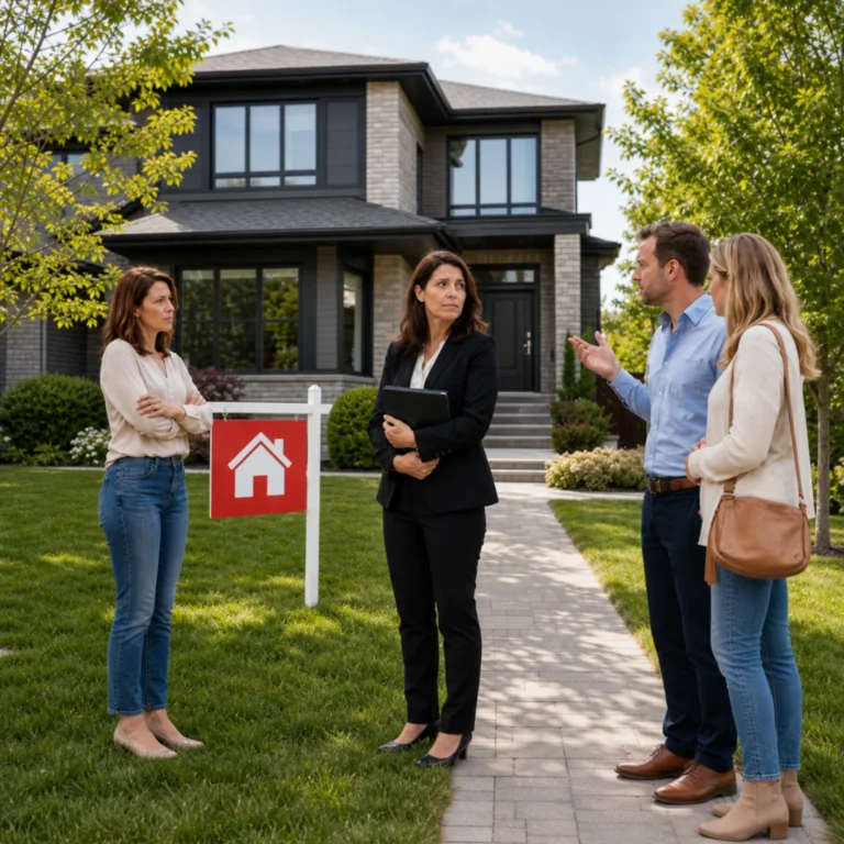 Acheteurs non représentés devant une propriété à vendre, en discussion avec la partie vendeuse et sa courtière.