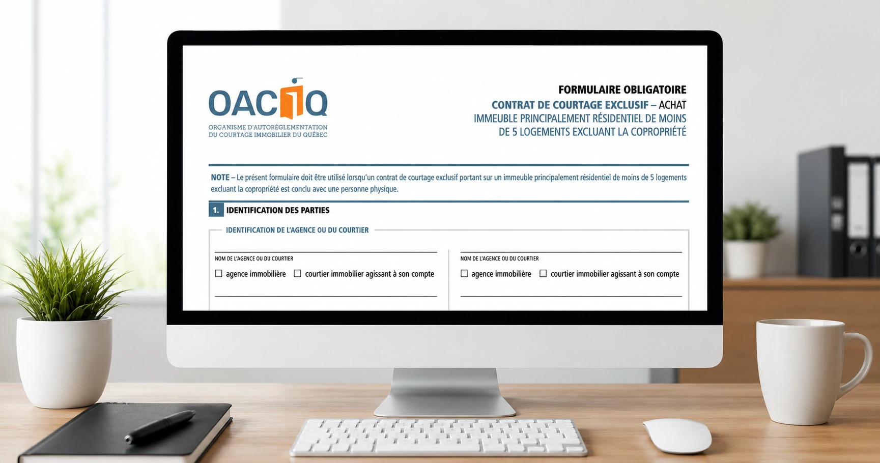 Écran d’ordinateur affichant l’en-tête du Contrat de courtage exclusif – achat de l’OACIQ, pour illustrer la référence d’un acheteur non représenté.