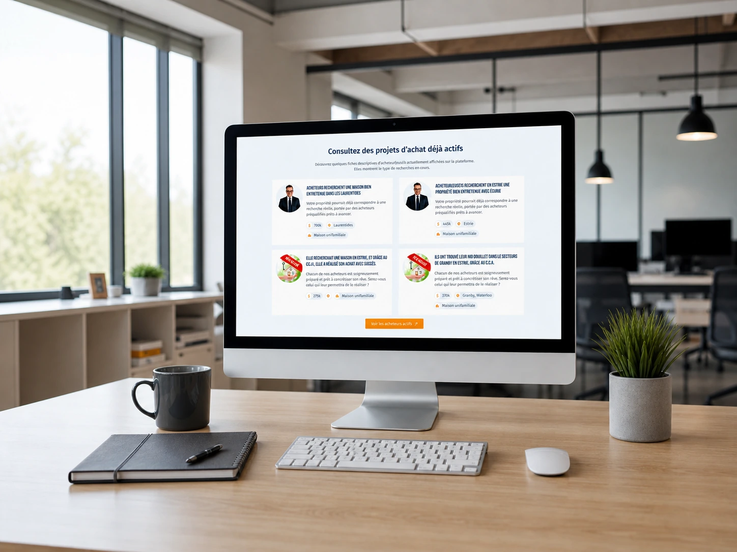 Écran d’ordinateur affichant des projets d’achat immobilier déjà actifs sur DeLacheteur.com.
