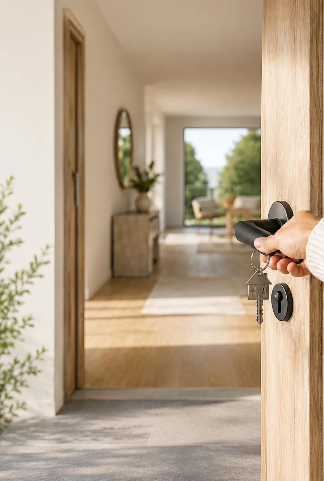 Une main ouvre la porte d’une maison lumineuse avec une clé, représentant l’achat d’une propriété.