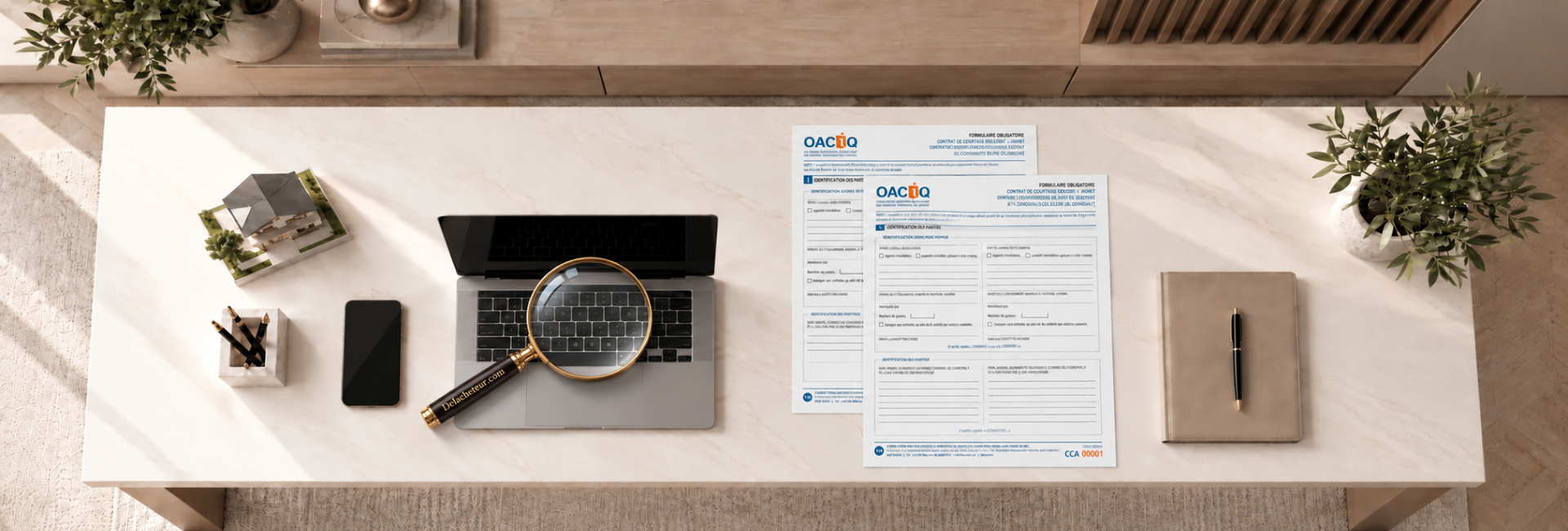 Bureau de travail pour la recherche immobilière d’un acheteur, avec ordinateur, loupe DeLacheteur.com et formulaires CCA et CCADI.