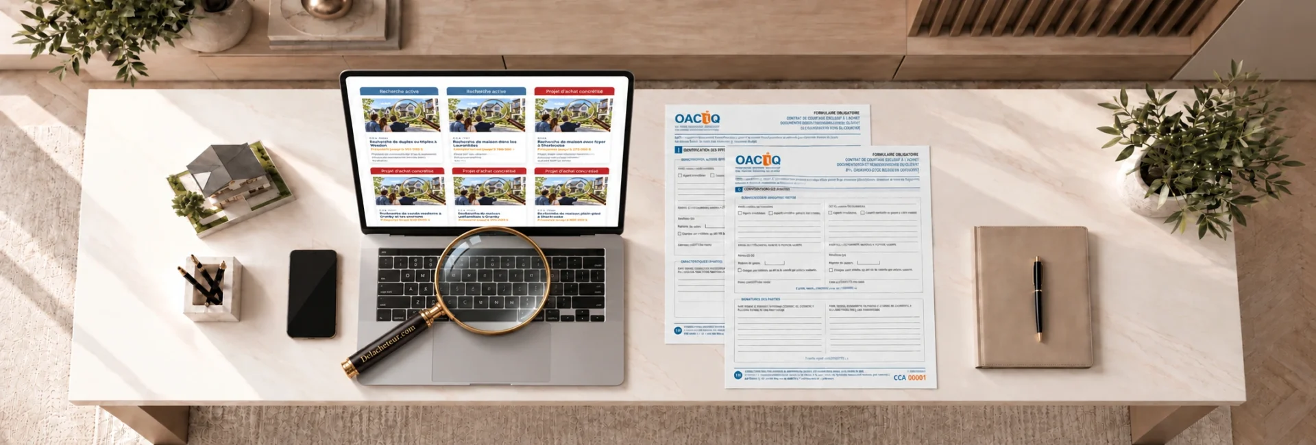 Bureau de recherche immobilière avec ordinateur affichant les fiches de projets d’achat représentés sur DeLacheteur.com, loupe et formulaires de courtage OACIQ.